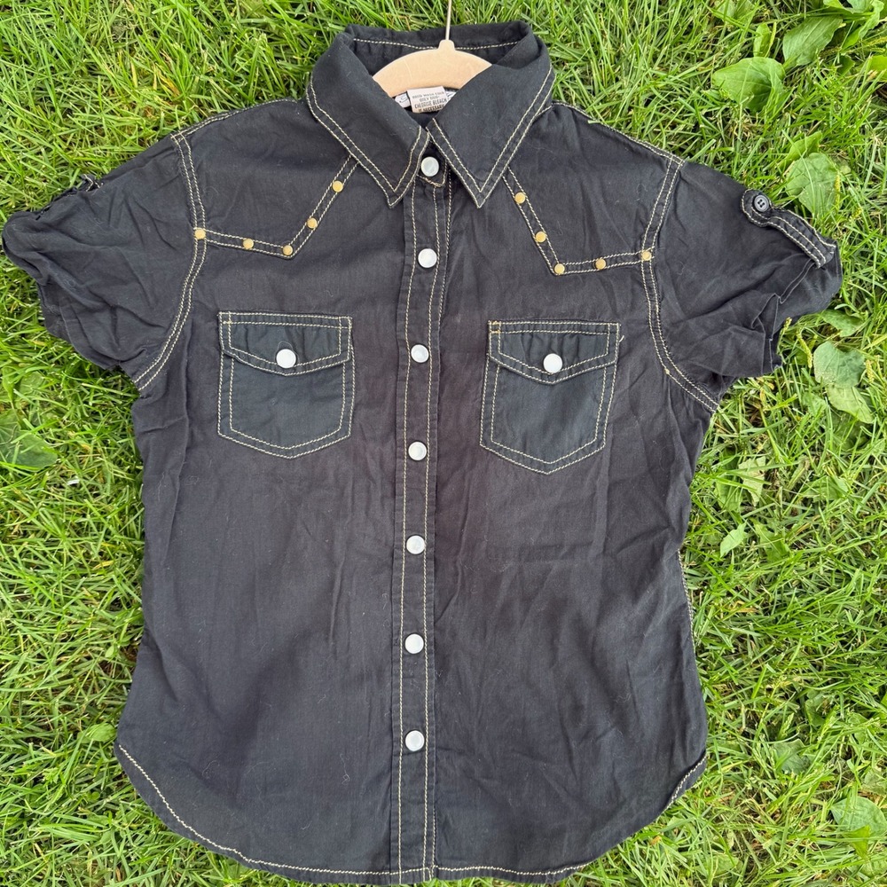 VTG Y2K Pink Mode Western Shirt Medium Black Pearl Snap Studded